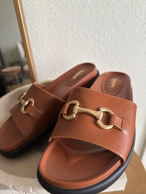 Leather Brown Slide Sandals with Gold Bit Accent